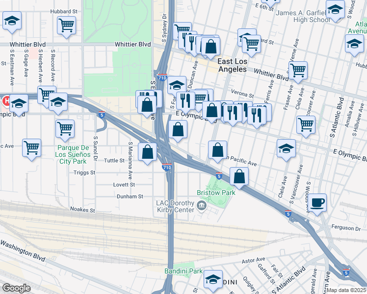 map of restaurants, bars, coffee shops, grocery stores, and more near 1270 South Duncan Avenue in East Los Angeles