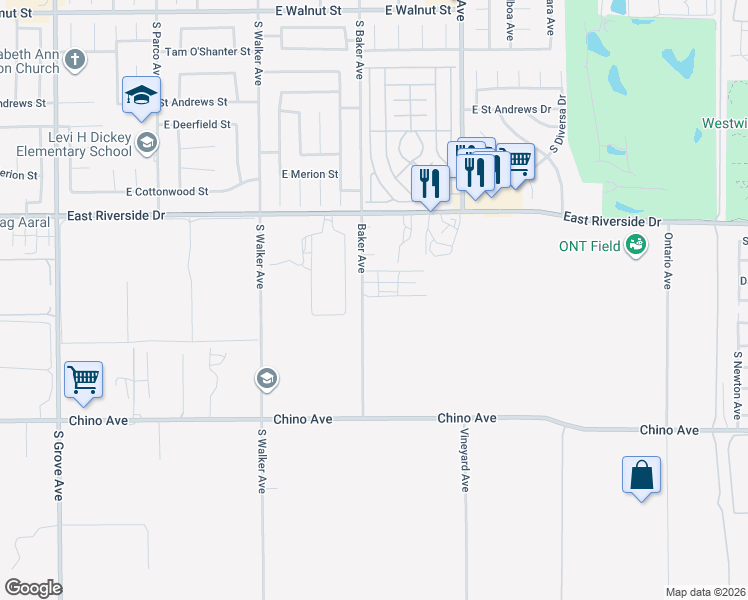 map of restaurants, bars, coffee shops, grocery stores, and more near 12901-13299 Baker Avenue in Ontario