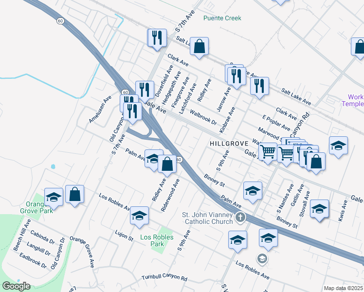 map of restaurants, bars, coffee shops, grocery stores, and more near 14814 Gale Avenue in Hacienda Heights