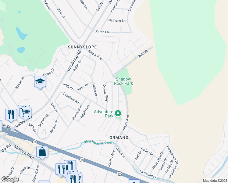 map of restaurants, bars, coffee shops, grocery stores, and more near 2884 Winter Park Avenue in Riverside