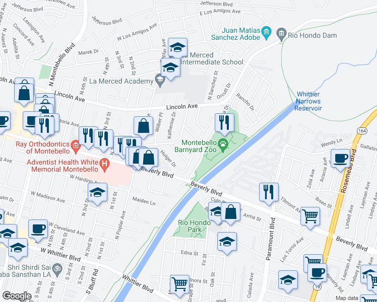 map of restaurants, bars, coffee shops, grocery stores, and more near 425 Valera Drive in Montebello