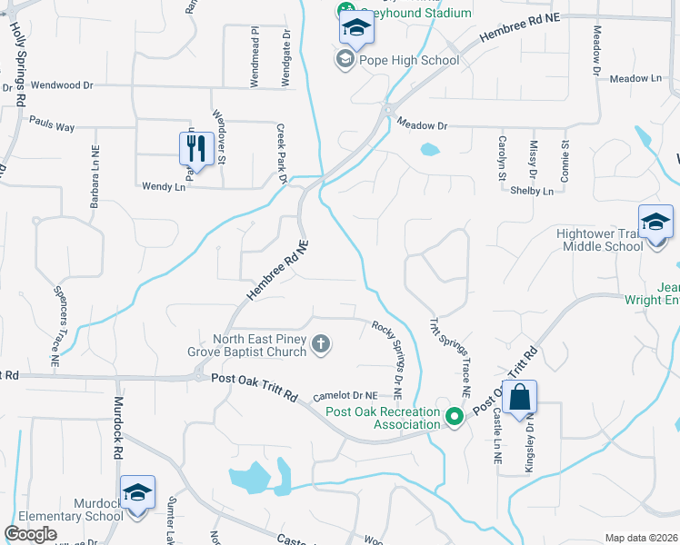 map of restaurants, bars, coffee shops, grocery stores, and more near 3305 Greencastle Chase Northeast in Marietta
