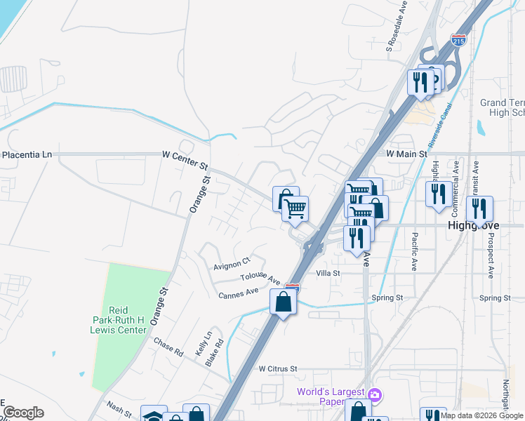 map of restaurants, bars, coffee shops, grocery stores, and more near 3332 Debbie Lane in Riverside