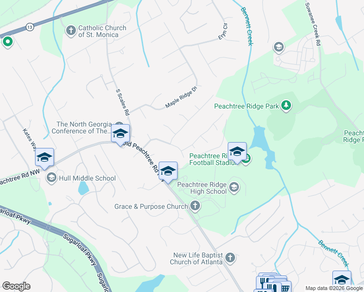 map of restaurants, bars, coffee shops, grocery stores, and more near 1601 Wickersham Place in Suwanee