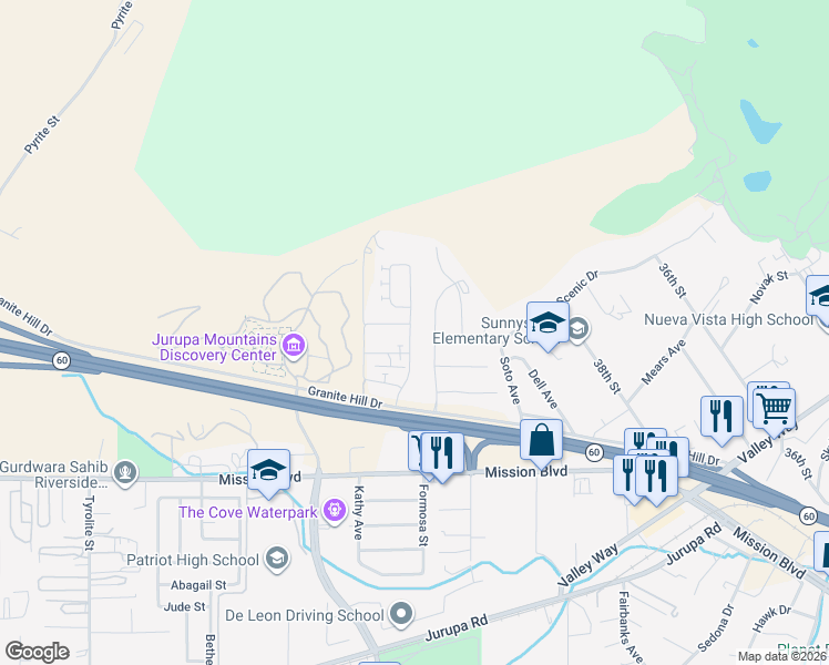 map of restaurants, bars, coffee shops, grocery stores, and more near 3972 Boulder Drive in Jurupa Valley
