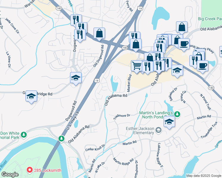 map of restaurants, bars, coffee shops, grocery stores, and more near 1453 Raintree Crossing in Roswell