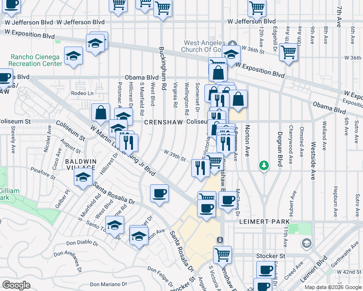 map of restaurants, bars, coffee shops, grocery stores, and more near 3829 Wellington Road in Los Angeles