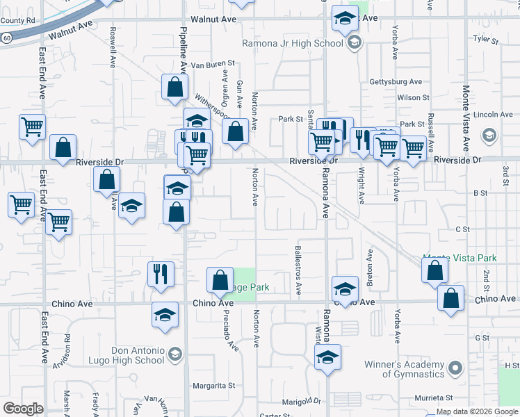 map of restaurants, bars, coffee shops, grocery stores, and more near 13028 Baltimore Court in Chino