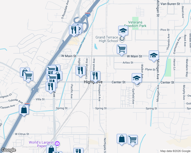 map of restaurants, bars, coffee shops, grocery stores, and more near 210 Transit Avenue in Riverside