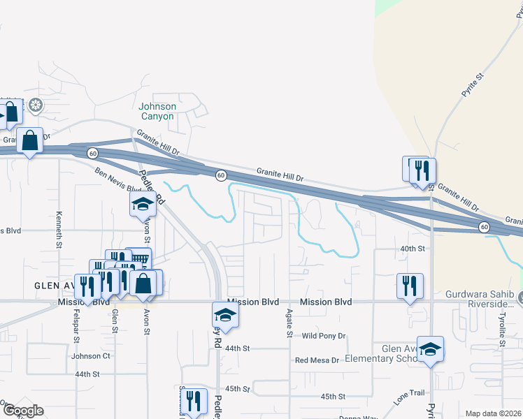 map of restaurants, bars, coffee shops, grocery stores, and more near 4040 Pedley Road in Riverside