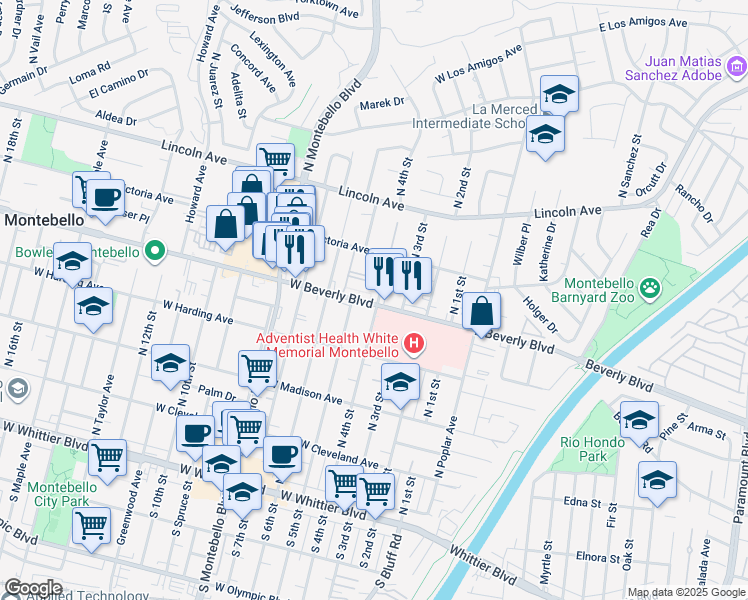 map of restaurants, bars, coffee shops, grocery stores, and more near 500 West Beverly Boulevard in Montebello