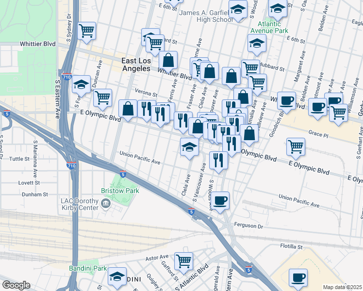 map of restaurants, bars, coffee shops, grocery stores, and more near 5010 East Olympic Boulevard in East Los Angeles