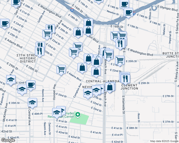 map of restaurants, bars, coffee shops, grocery stores, and more near 1579 East 23rd Street in Los Angeles