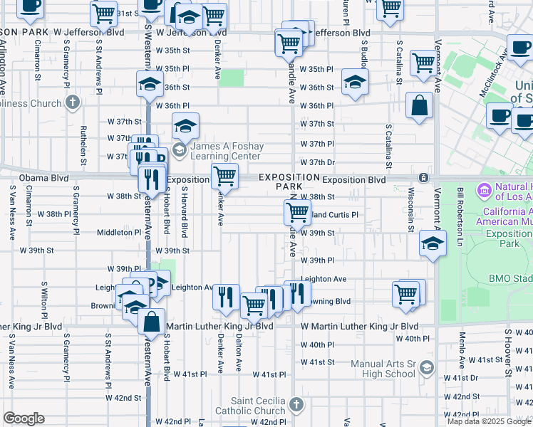 map of restaurants, bars, coffee shops, grocery stores, and more near 1358 West 38th Street in Los Angeles
