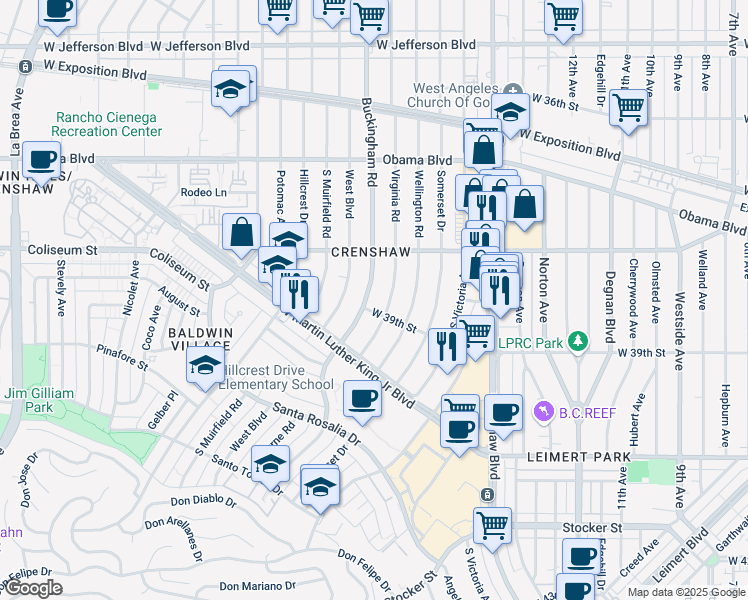 map of restaurants, bars, coffee shops, grocery stores, and more near 3811 Virginia Road in Los Angeles