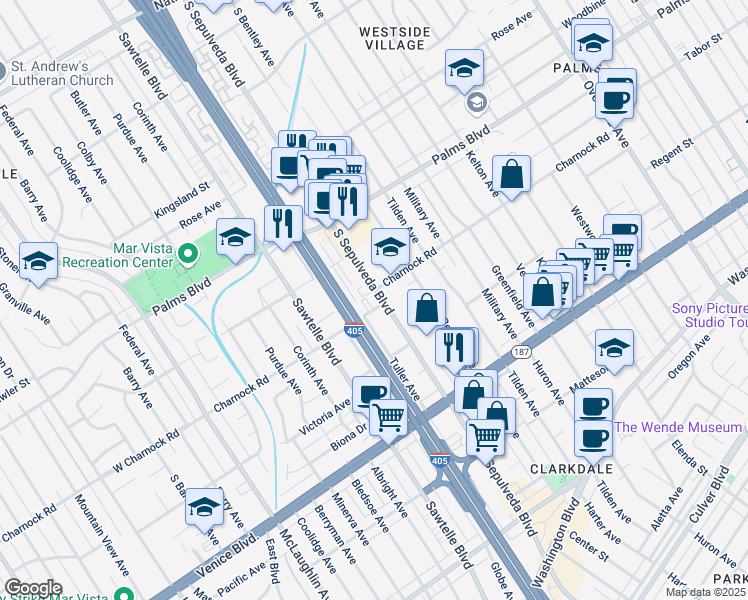 map of restaurants, bars, coffee shops, grocery stores, and more near in Los Angeles