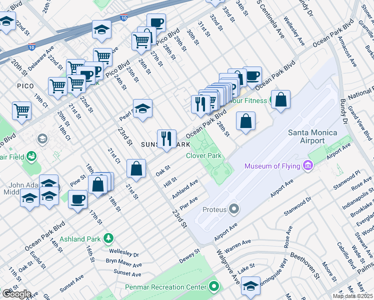 map of restaurants, bars, coffee shops, grocery stores, and more near 2473 Ocean Park Place South in Santa Monica