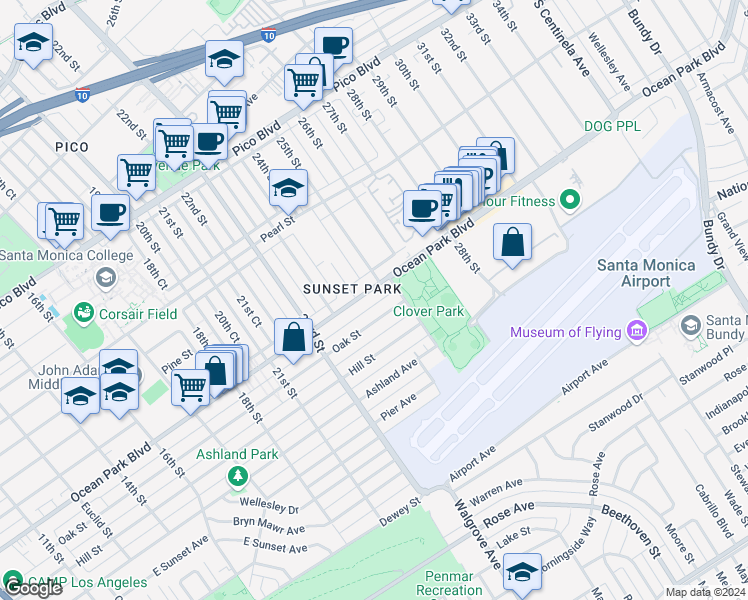 map of restaurants, bars, coffee shops, grocery stores, and more near in Santa Monica