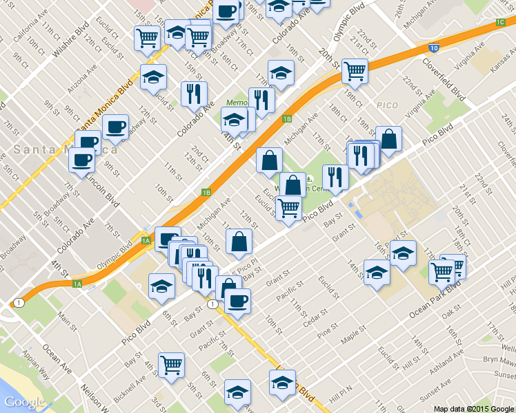 map of restaurants, bars, coffee shops, grocery stores, and more near 1837 Euclid Street in Santa Monica