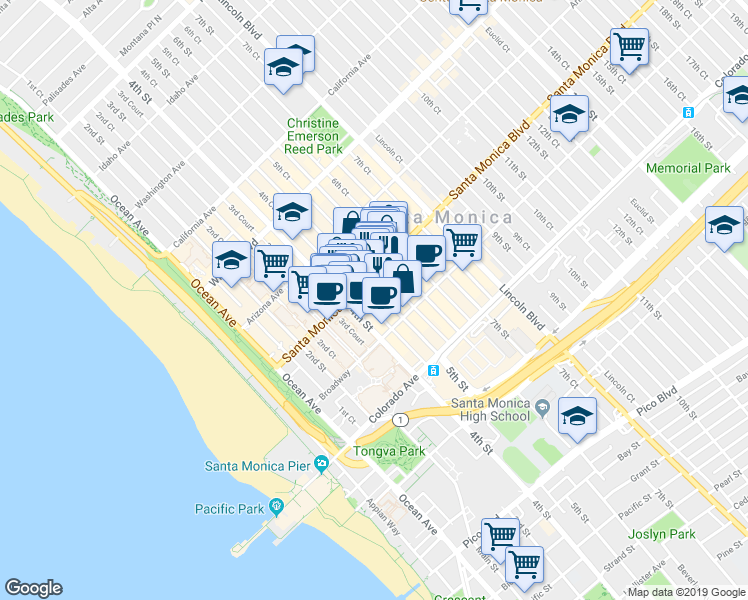 map of restaurants, bars, coffee shops, grocery stores, and more near in Santa Monica