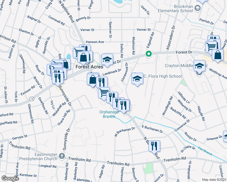 map of restaurants, bars, coffee shops, grocery stores, and more near 3600 Chateau Drive in Columbia