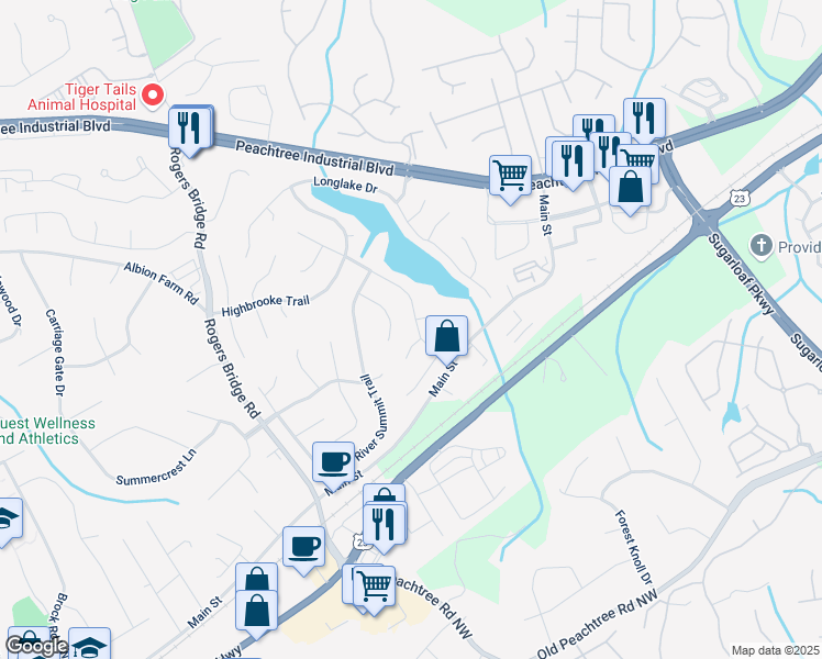 map of restaurants, bars, coffee shops, grocery stores, and more near 3614 Clearbrooke Way in Duluth