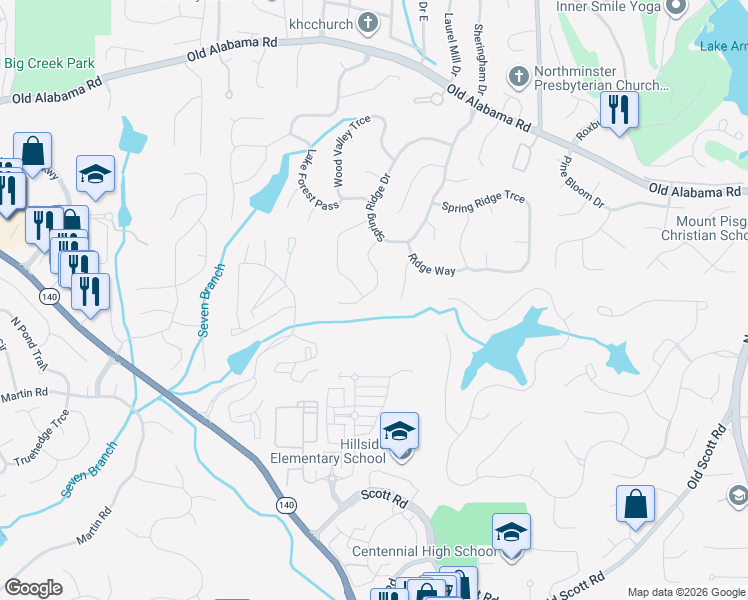 map of restaurants, bars, coffee shops, grocery stores, and more near 680 Springview Court in Roswell