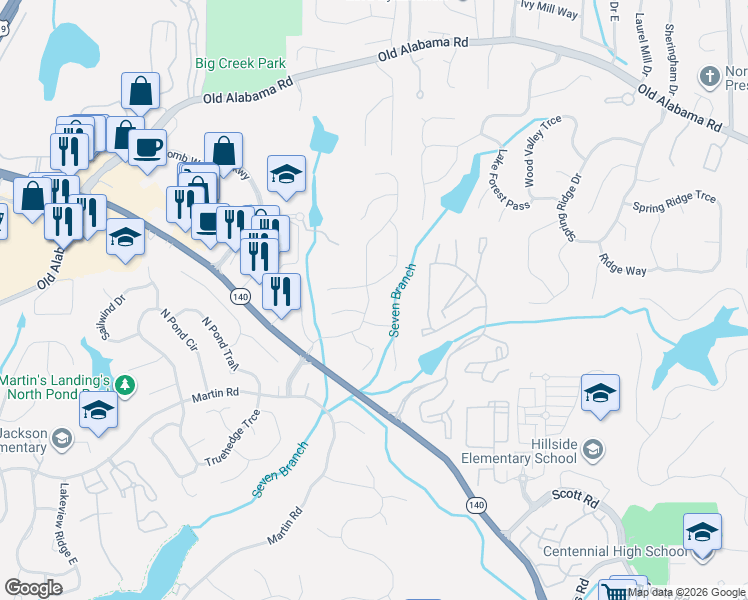 map of restaurants, bars, coffee shops, grocery stores, and more near 615 Creekwood Crossing West in Roswell