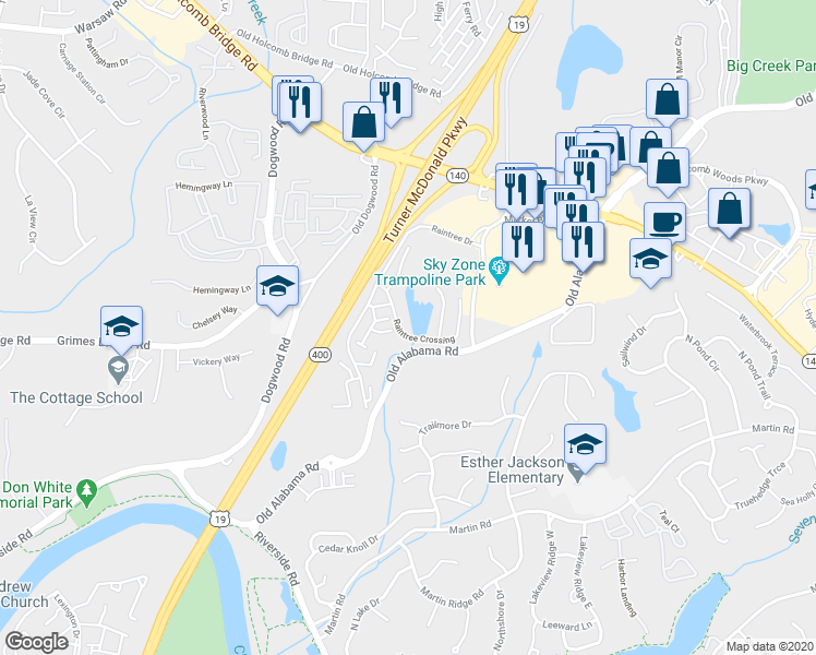 map of restaurants, bars, coffee shops, grocery stores, and more near 1445 Holcomb Bridge Road in Roswell