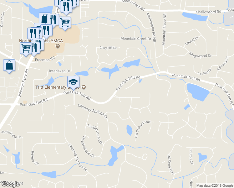 map of restaurants, bars, coffee shops, grocery stores, and more near 4625 Walden Lane in Marietta