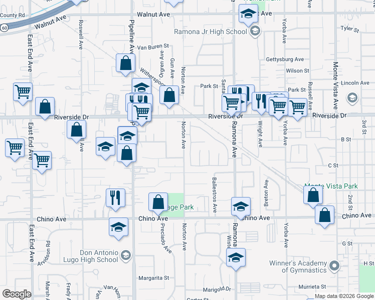 map of restaurants, bars, coffee shops, grocery stores, and more near 13028 Baltimore Court in Chino
