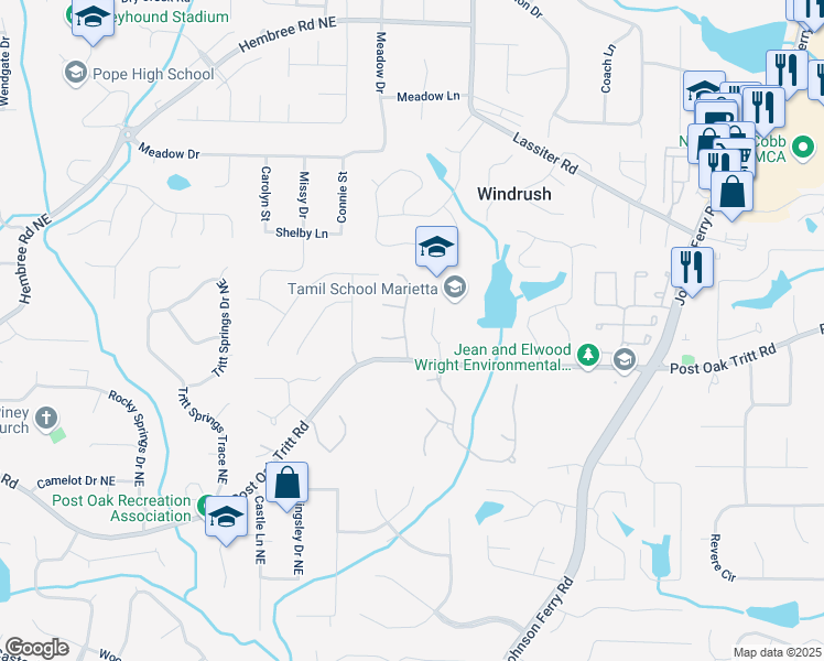 map of restaurants, bars, coffee shops, grocery stores, and more near 2714 Twin Leaf Trail in Marietta