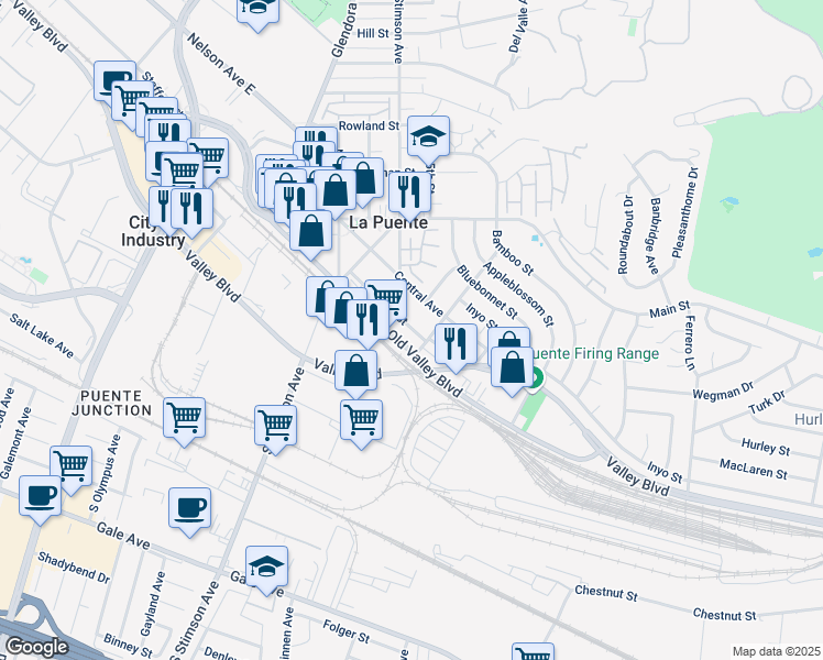 map of restaurants, bars, coffee shops, grocery stores, and more near 16142 Abbey Street in La Puente