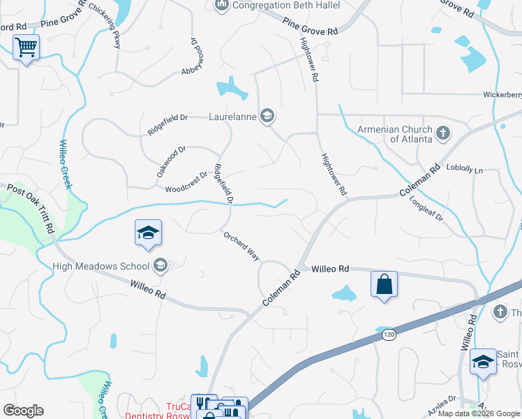 map of restaurants, bars, coffee shops, grocery stores, and more near 1080 Ashley Manor Drive in Roswell