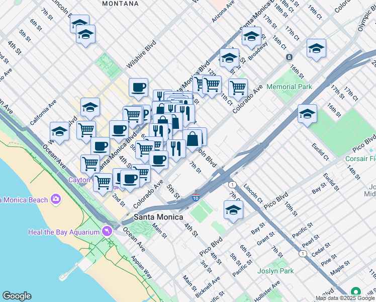map of restaurants, bars, coffee shops, grocery stores, and more near 711 Colorado Avenue in Santa Monica