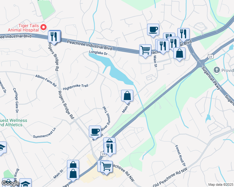 map of restaurants, bars, coffee shops, grocery stores, and more near 3614 Clearbrooke Way in Duluth