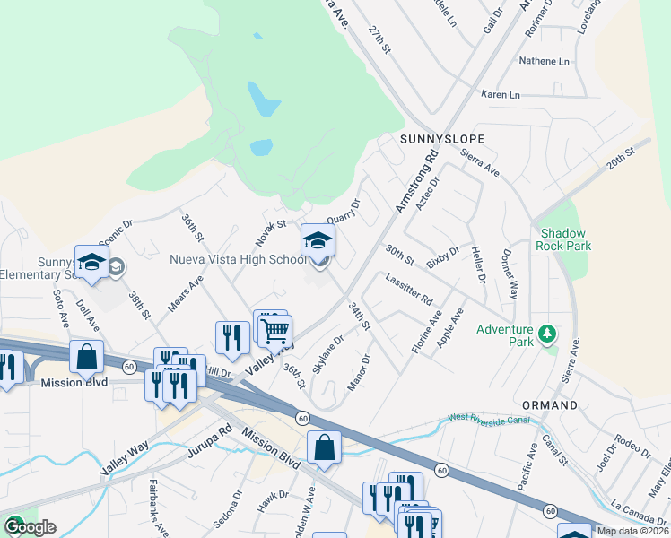map of restaurants, bars, coffee shops, grocery stores, and more near 6798 Monarch Way in Riverside