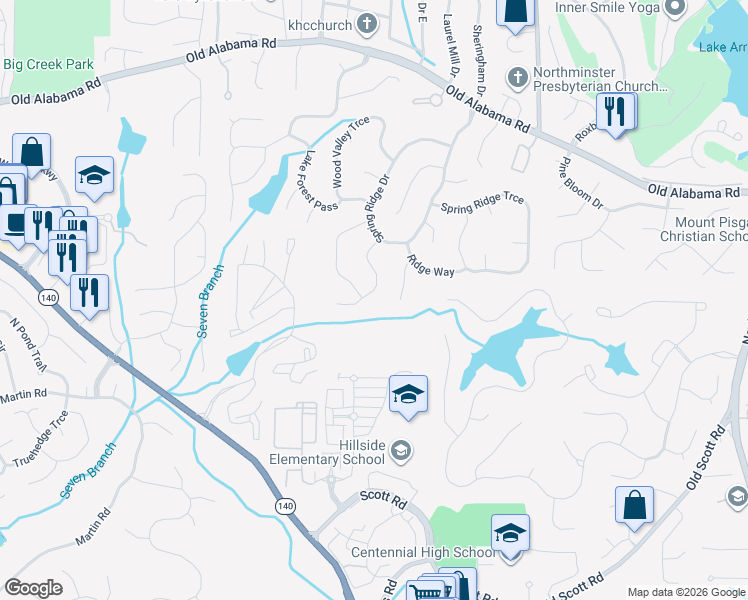 map of restaurants, bars, coffee shops, grocery stores, and more near 680 Springview Court in Roswell