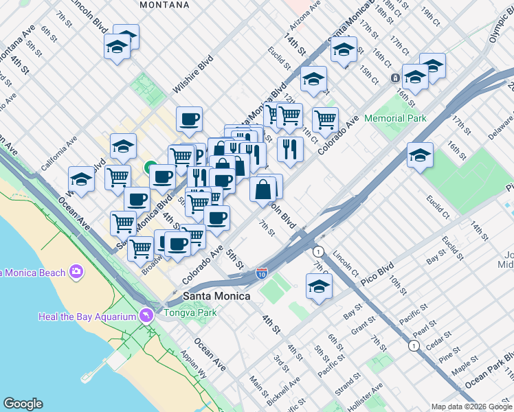 map of restaurants, bars, coffee shops, grocery stores, and more near 711 Colorado Avenue in Santa Monica