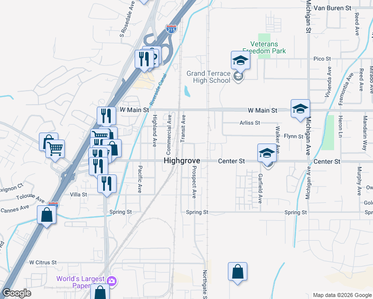 map of restaurants, bars, coffee shops, grocery stores, and more near 210 Transit Avenue in Riverside