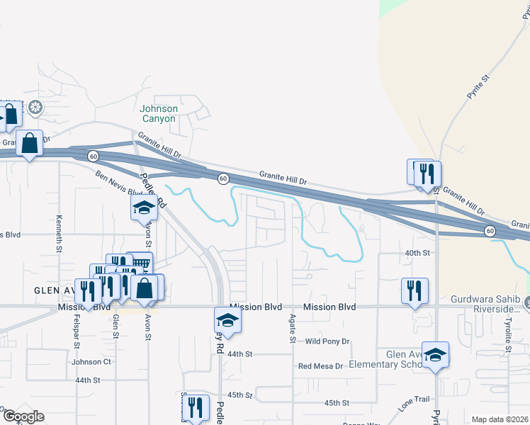 map of restaurants, bars, coffee shops, grocery stores, and more near 4040 Pedley Road in Riverside