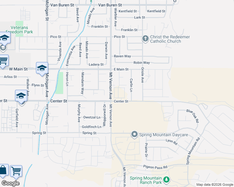 map of restaurants, bars, coffee shops, grocery stores, and more near 7210 Bliss Street in Riverside