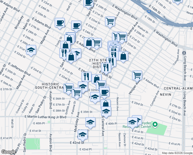 map of restaurants, bars, coffee shops, grocery stores, and more near 1018 East 28th Street in Los Angeles