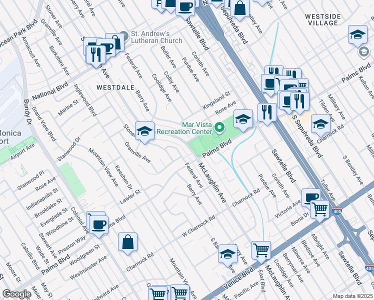 map of restaurants, bars, coffee shops, grocery stores, and more near 3411 McLaughlin Avenue in Los Angeles