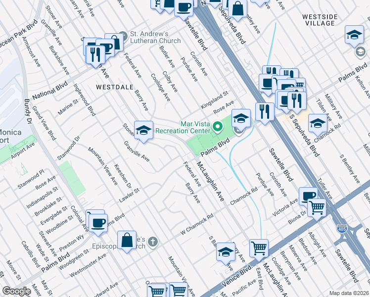 map of restaurants, bars, coffee shops, grocery stores, and more near 3411 McLaughlin Avenue in Los Angeles