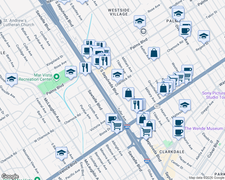 map of restaurants, bars, coffee shops, grocery stores, and more near in Los Angeles