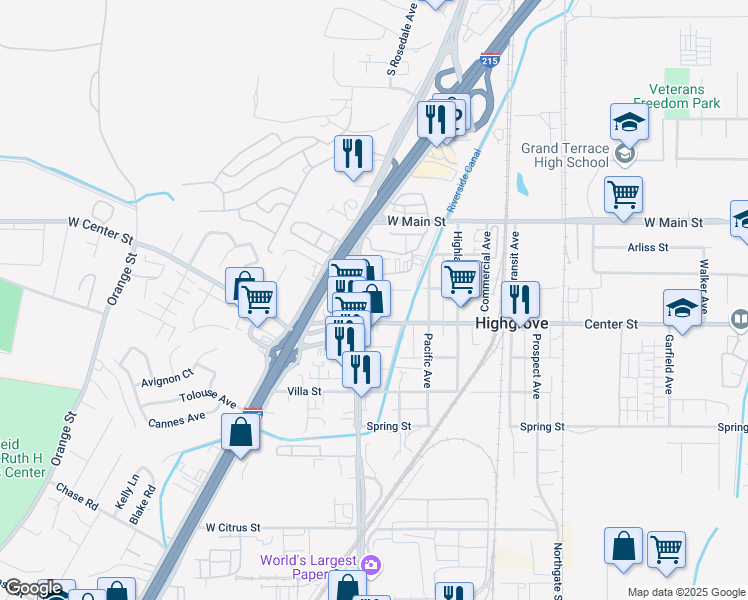 map of restaurants, bars, coffee shops, grocery stores, and more near 1254 West Church Street in Riverside