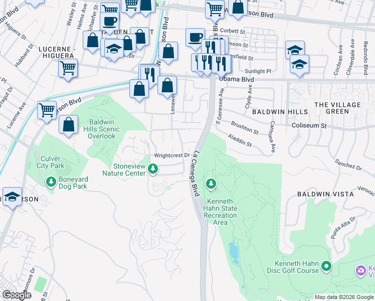 map of restaurants, bars, coffee shops, grocery stores, and more near 3859 Hollyview Terrace in Culver City
