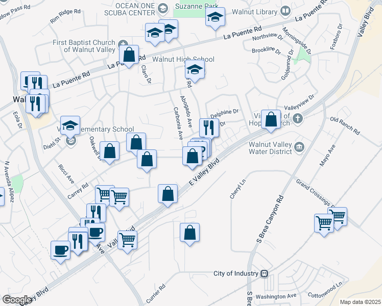 map of restaurants, bars, coffee shops, grocery stores, and more near 20824 East Fuero Drive in Walnut