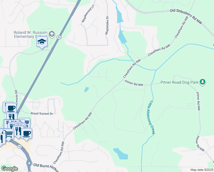 map of restaurants, bars, coffee shops, grocery stores, and more near 905 Cheatham Road Northwest in Acworth
